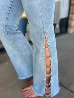 Crystal Chain Light Wash Denim Jeans