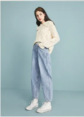 LEDDIN DESIGN BALLOON LEG BOYFRIEND JEANS IN VINTAGE WASH BLUE