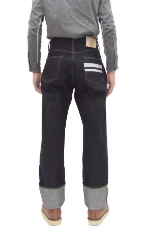 Momotaro Jeans #100 with Double-Stripe Paint Men's Loose Fit Classic Straight Button-Fly Jean Pants 14.7oz. Zimbabwean Cotton Deep Indigo Denim MMJB0101 One-Wash