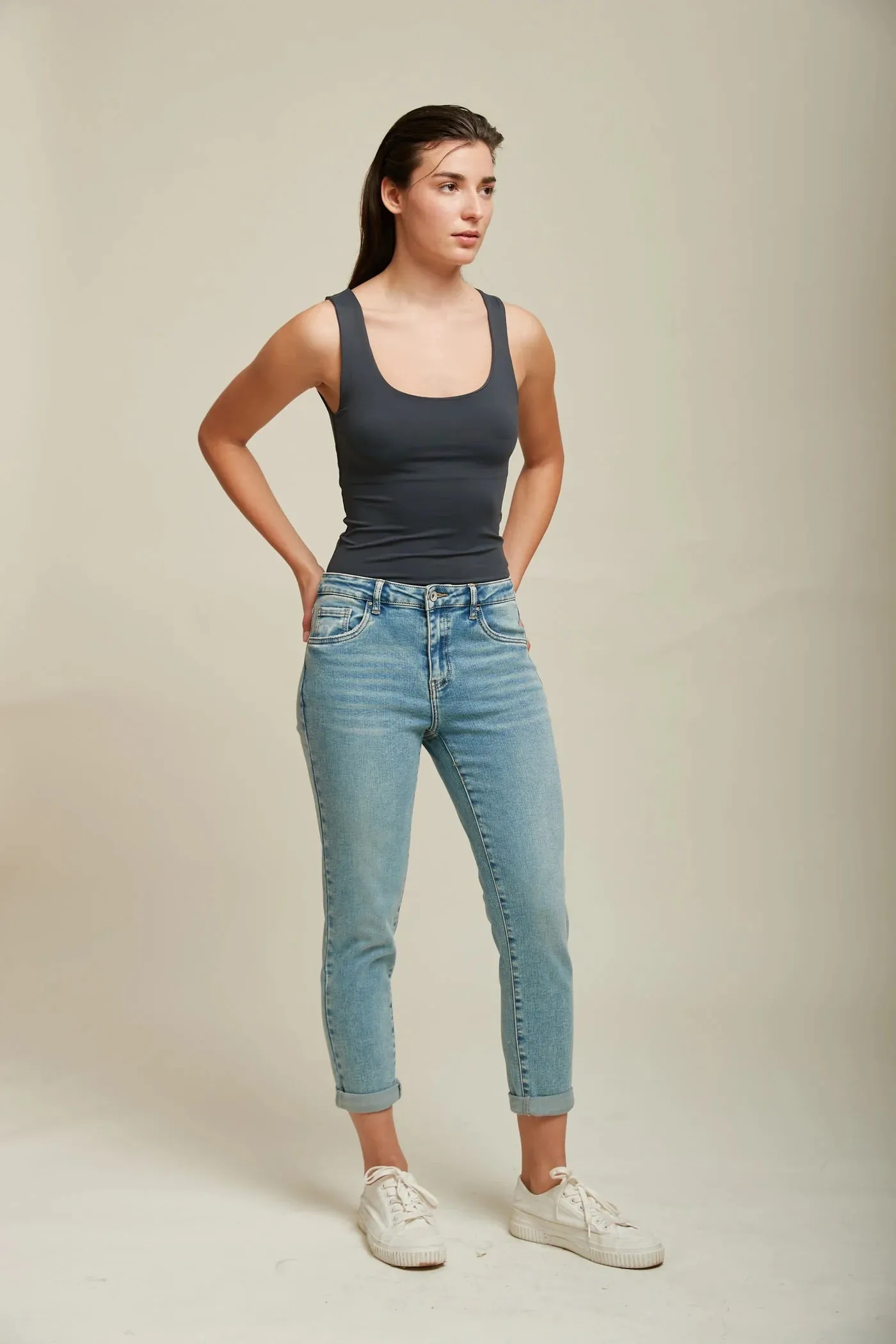 Toxik3 L20029-31 High Waist Boyfriend Jeans - Light Blue