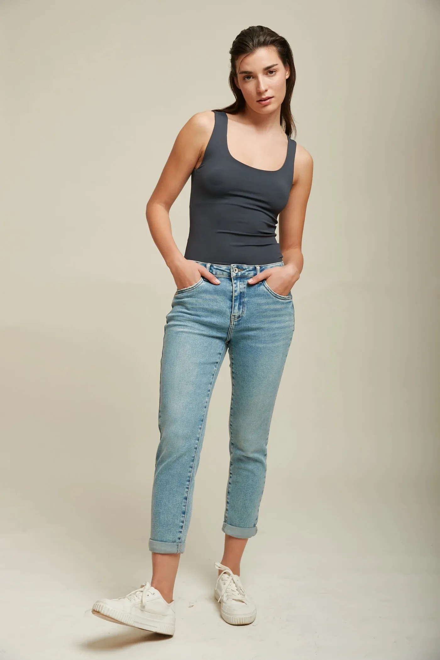 Toxik3 L20029-31 High Waist Boyfriend Jeans - Light Blue